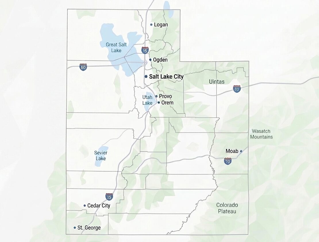 Map of Utah showing web design service coverage across the state, from the Salt Lake Valley to Ogden, Provo, and St. George